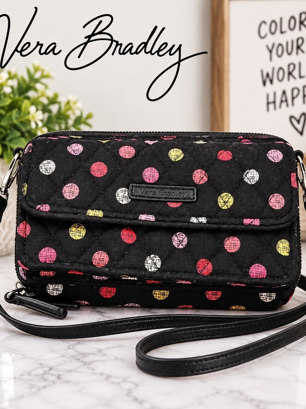 Vera Bradley Black Multicolor Dot Crossbody Wallet Organizer